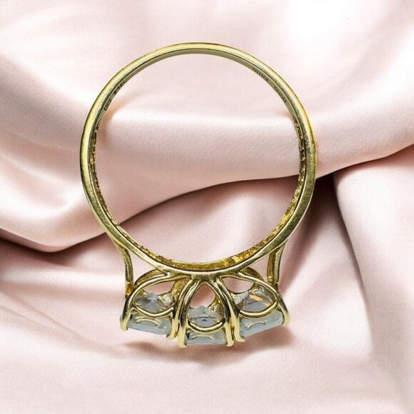 Vintage- 14K Gold- Aquamarine Ring- sz 10.25 -Emerald Cut-3CT- Three Stone -2.4g - Picture 13 of 16